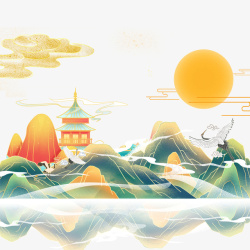 中国风国潮仙鹤海浪仙境环山太阳素材