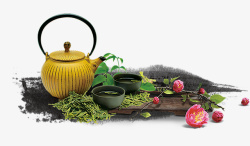 古典展板背景茶道茶叶茶杯绿叶高清图片