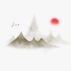 红日山水背景中国风迷雾环绕山水素材红日高清图片