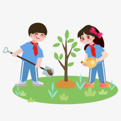 小树苗免抠草地合种一棵树浇水卡通人劳动绿地植树节高清图片