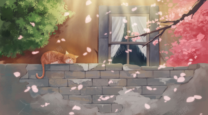 樱花季趴在砖墙上的猫背景