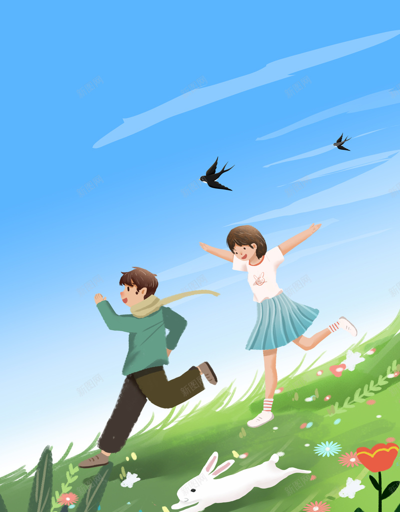 春天背景图跑步郊游元素图psd设计背景_88icon https://88icon.com 春天 背景图 跑步 郊游 元素图 天空 兔子 燕子 小花