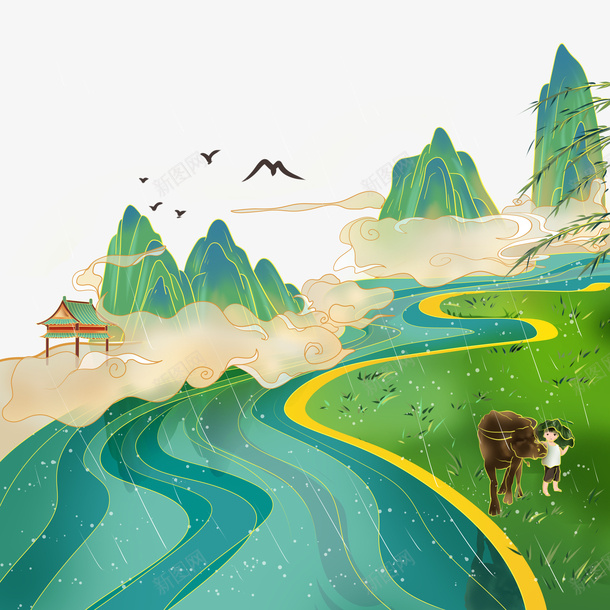 国潮清明清明节风景中国风古风国psd免抠素材_88icon https://88icon.com 中国风 古风 国潮 国潮山 国潮山景 国风 山水 清明 清明节 绿金 风景