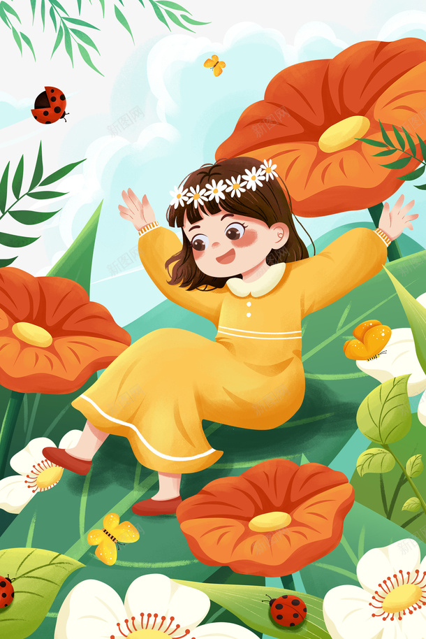 清新花丛中女孩二十四节气惊蛰psd免抠素材_88icon https://88icon.com 春天 二十四节气 惊蛰 仙女