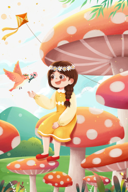 女孩与鸟蘑菇群二十四节气春分素材