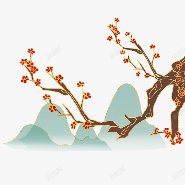 国潮梅花山水psd免抠素材_88icon https://88icon.com 国潮 国潮山 国潮山景 山水 树枝 梅花