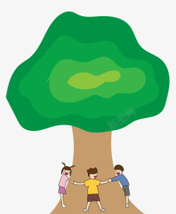 爱护大自然植树节绿树小朋友围绕爱护树木大自然高清图片