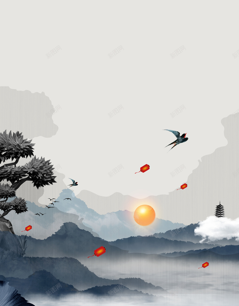 清明节复古燕子背景图psd设计背景_88icon https://88icon.com 清明节 复古 背景图 燕子 灯笼 塔 树枝