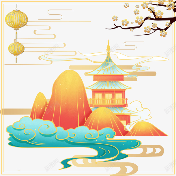金币树枝桃花落叶仙鹤塔国潮古风插画png免抠素材_88icon https://88icon.com 金币 树枝桃花 落叶 仙鹤塔国潮古风插画云纹山