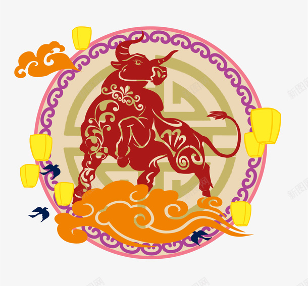 福牛牛年大吉png免抠素材_88icon https://88icon.com 福牛 祥云 节日 牛年大吉