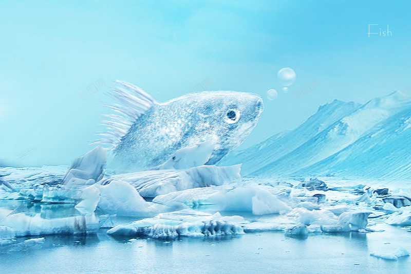 冰冻的鱼蓝色鱼冰雪psd设计背景_88icon https://88icon.com 蓝色 冰雪 鱼 背景