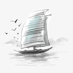 中国风手绘水墨海鸥带帆小船透明素材素材