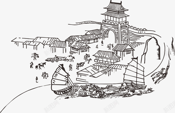 古代建筑线稿png免抠素材_88icon https://88icon.com 写真在线 古城 古风 城 桥洞 河 线稿