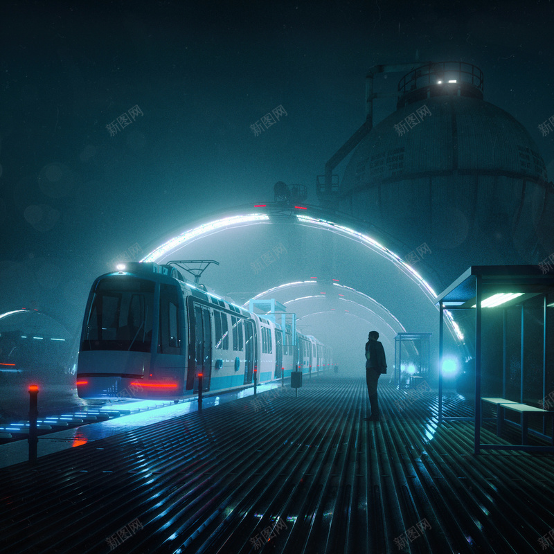 蓝色未来车站jpg设计背景_88icon https://88icon.com 地铁站 悬浮列车 候车亭 科技