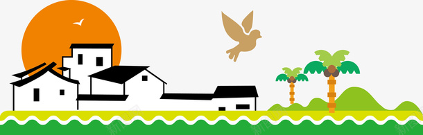 卡通手绘村庄太阳风景画ai免抠素材_88icon https://88icon.com 乡村振兴 乡村风景画 卡通 太阳椰子树 手绘