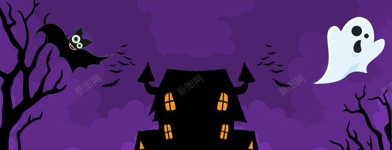卡通万圣节幽灵简约紫色banner背景