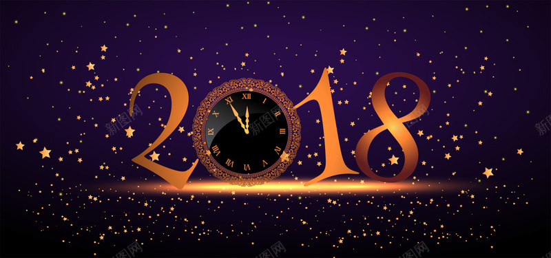 2018bannerpsd设计背景_88icon https://88icon.com 紫色 钟表 黑色 星星 新年 元旦 光芒 夜空 2018 2018图片