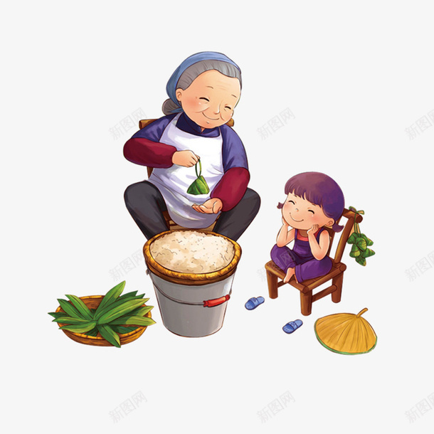卡通奶奶孙女包粽子png免抠素材_88icon https://88icon.com 包粽子 卡通 奶奶 孙女 端午节素材 卡通人物 PNG