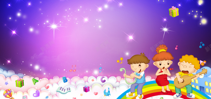 卡通儿童背景psd设计背景_88icon https://88icon.com 2015 云彩 卡通 听音乐享好礼 小朋友音乐 开心过新年 彩虹 房子 手绘 星光 海报banner 矢量儿童 礼物 童趣 紫色黄色 钢琴 音乐符号