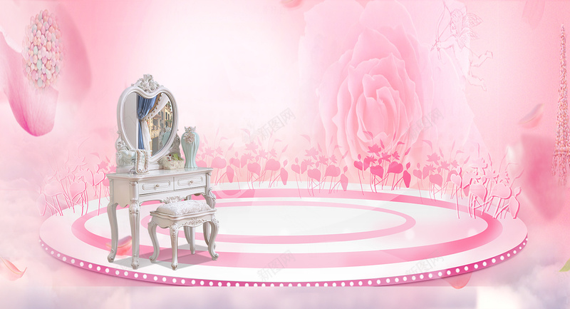 粉色背景化妆台海报素材psd设计背景_88icon https://88icon.com 化妆台 唯美 梦幻 玫瑰 粉色 舞台 海报 背景素材 花瓣