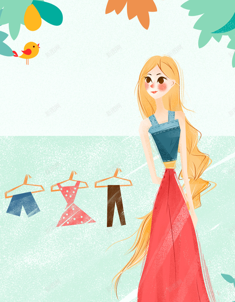 夏装上新手绘H5海报背景psd分层下载psd设计背景_88icon https://88icon.com 夏装上新 夏装 手绘 上新 夏季 夏天 彩绘 衣服 衣架 小鸟 绿叶 女孩 美女 模特 H5 psd