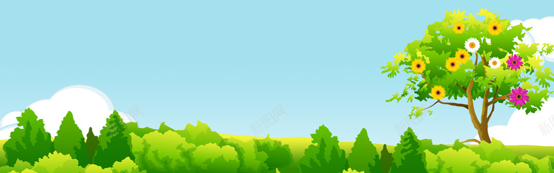 蓝天白云绿树鲜花背景素材背景