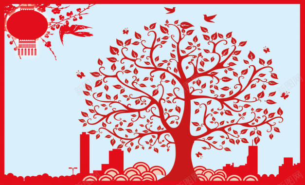 中式大树灯笼剪纸春节背景素材背景