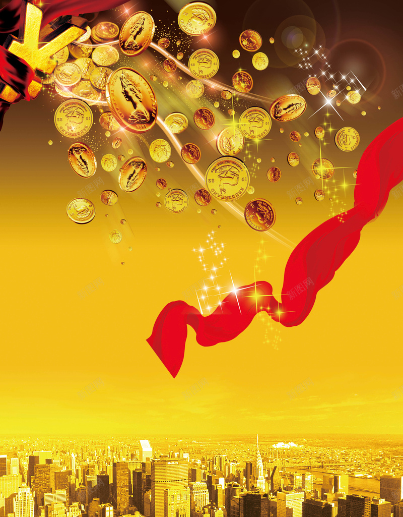 大气房地产广告海报背景psd设计背景_88icon https://88icon.com 金碧辉煌 地产 大气 奢华 海报 广告 黄色 红带 金币 城市
