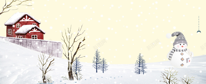 圣诞节雪地简约房子黄色banner背景