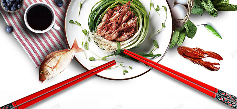 生鲜背景banner装饰jpg设计背景_88icon https://88icon.com 背景banner装饰 圆盘 生鲜 筷子 虾 海报banner