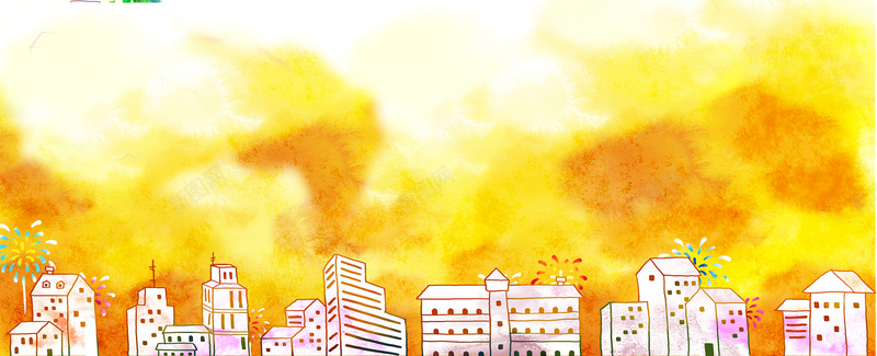 橙色城市烟花手绘背景图背景