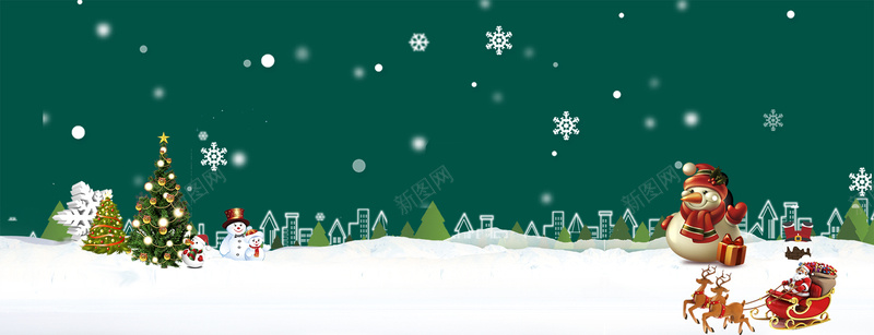 圣诞节卡通雪人简约绿色banner背景