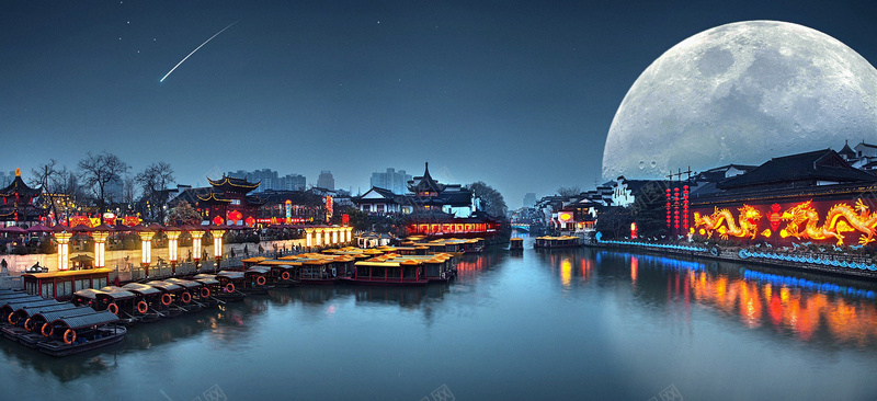 江南夜景背景装饰jpg设计背景_88icon https://88icon.com 江南 夜景 水上城市 月光 流星 背景装饰 海报banner