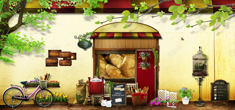 淘宝复古面包店绿色多元素海报背景背景