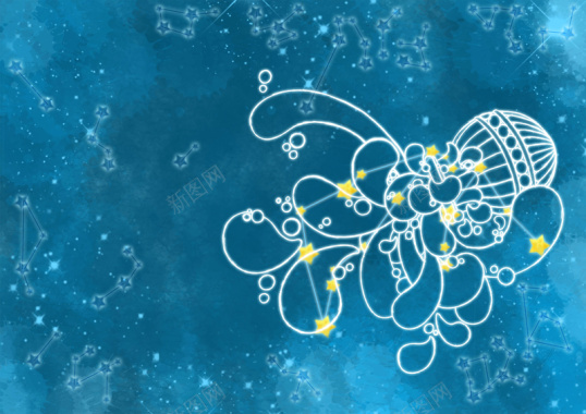 星座水瓶座卡通图案青色背景素材背景