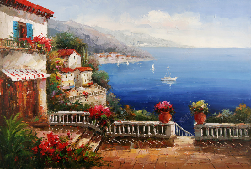 地中海风景油画图片1jpg设计背景_88icon https://88icon.com 艺术 房屋 大海 卡通 童趣 手绘