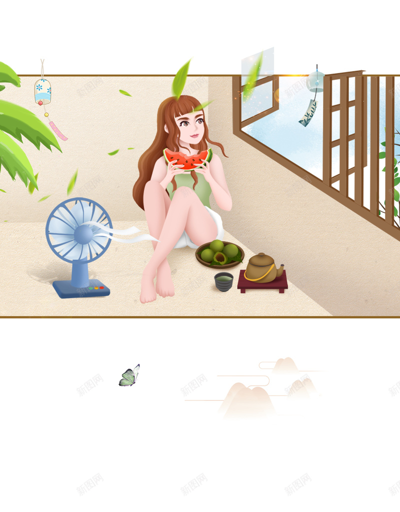 手绘女孩立夏节气海报psd设计背景_88icon https://88icon.com 夏天 夏日 夏至 女孩 树叶 立夏插画 窗 手绘 风扇 西瓜