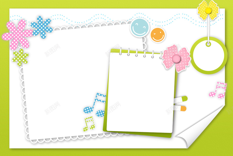 绿色卡通信纸背景psd设计背景_88icon https://88icon.com 绿色 卡通 信纸 笔记本 花边 笑脸 花朵 音符 可爱 童趣 手绘