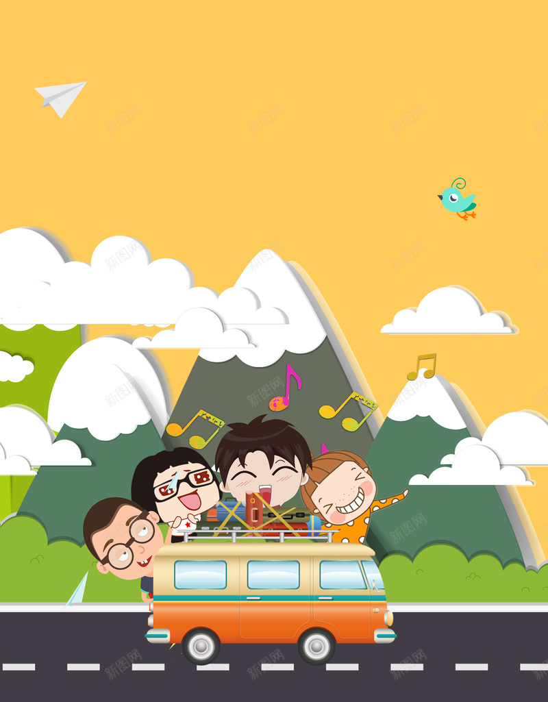 春季旅游踏青背景素材psd设计背景_88icon https://88icon.com 春季 卡通画 小朋友 春游 游玩 矢量图 黄色背景 活泼 旅游背景 踏青