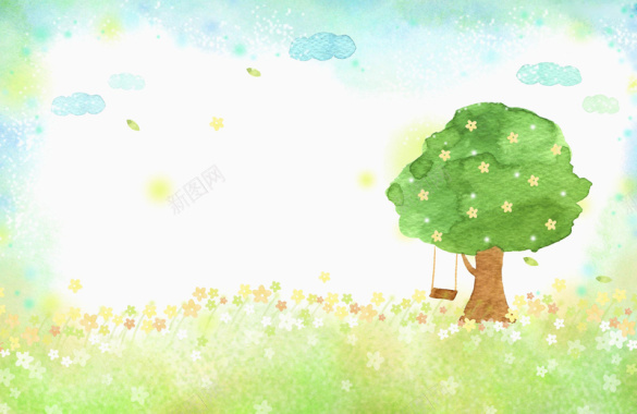 夏日卡通手绘儿童绿色草地设计背景背景