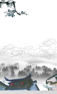 中国风中式建筑水墨画海报背景素材背景