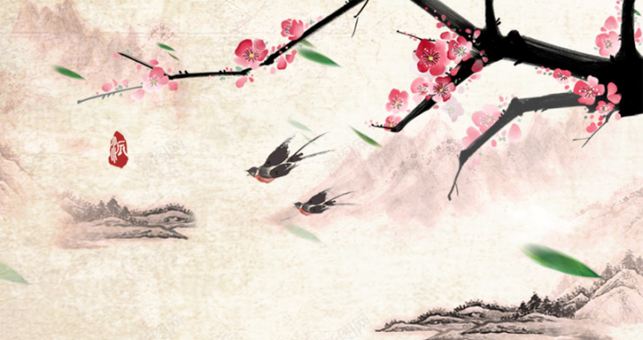 中国风山水鸟语花香背景素材背景