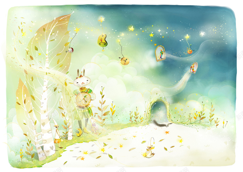 风之城背景海报素材psd设计背景_88icon https://88icon.com 兔子 树叶 蓝色 金色 黄色 草地 童话背景 童话海报 童话素材