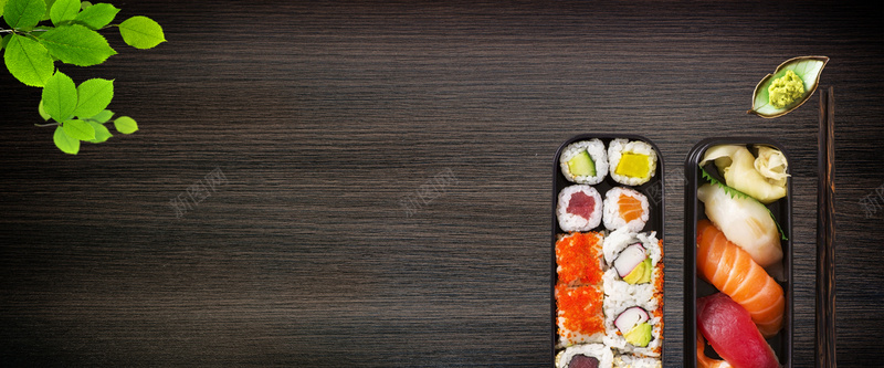 日本寿司绿叶黑板黑色背景背景