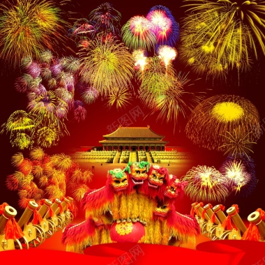 新春舞狮烟火背景素材背景