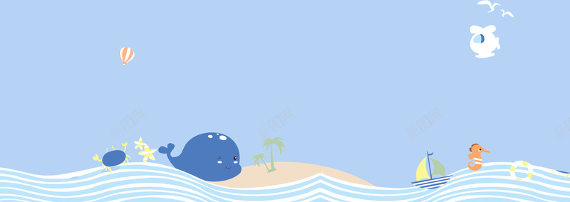 夏天文艺海边卡通海豚蓝色背景背景