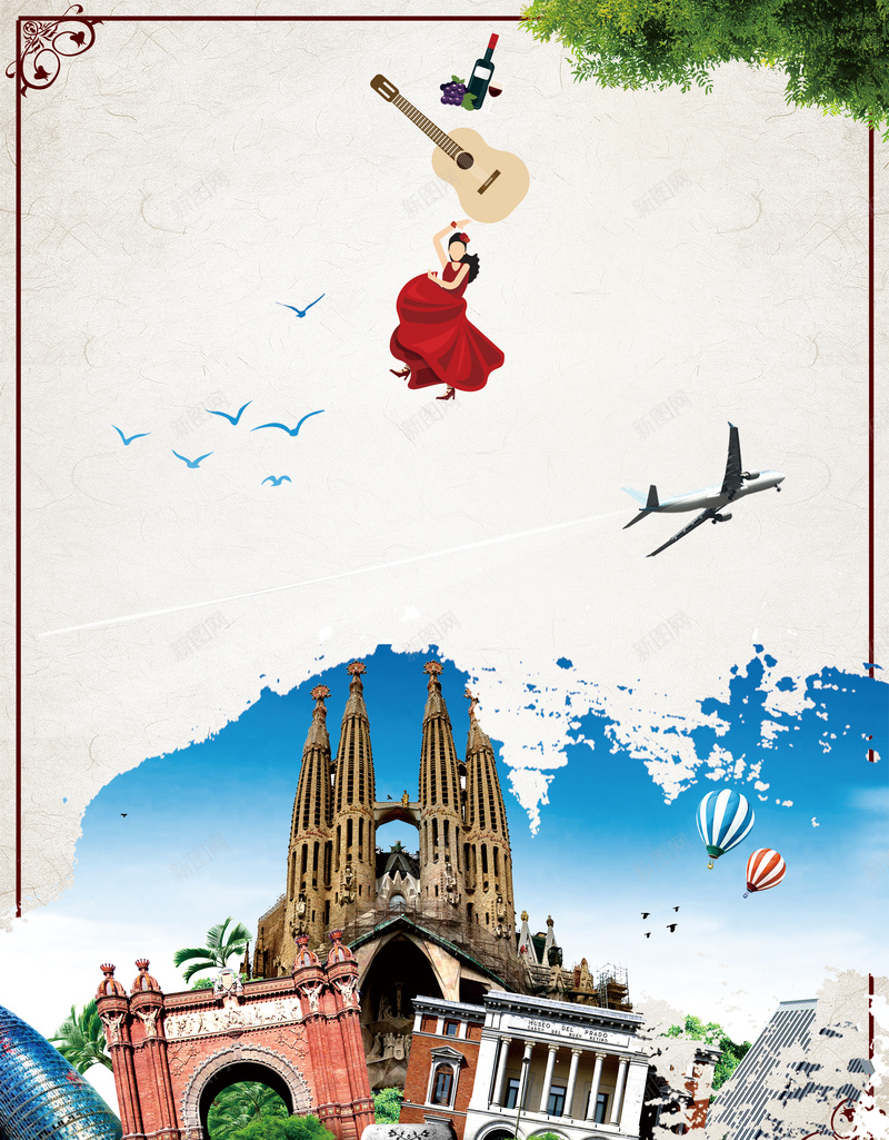 中国风西班牙旅游海报psd设计背景_88icon https://88icon.com 中国风 西班牙 旅游 海报 城市 边框 飞机 建筑 旅行 背景 素材