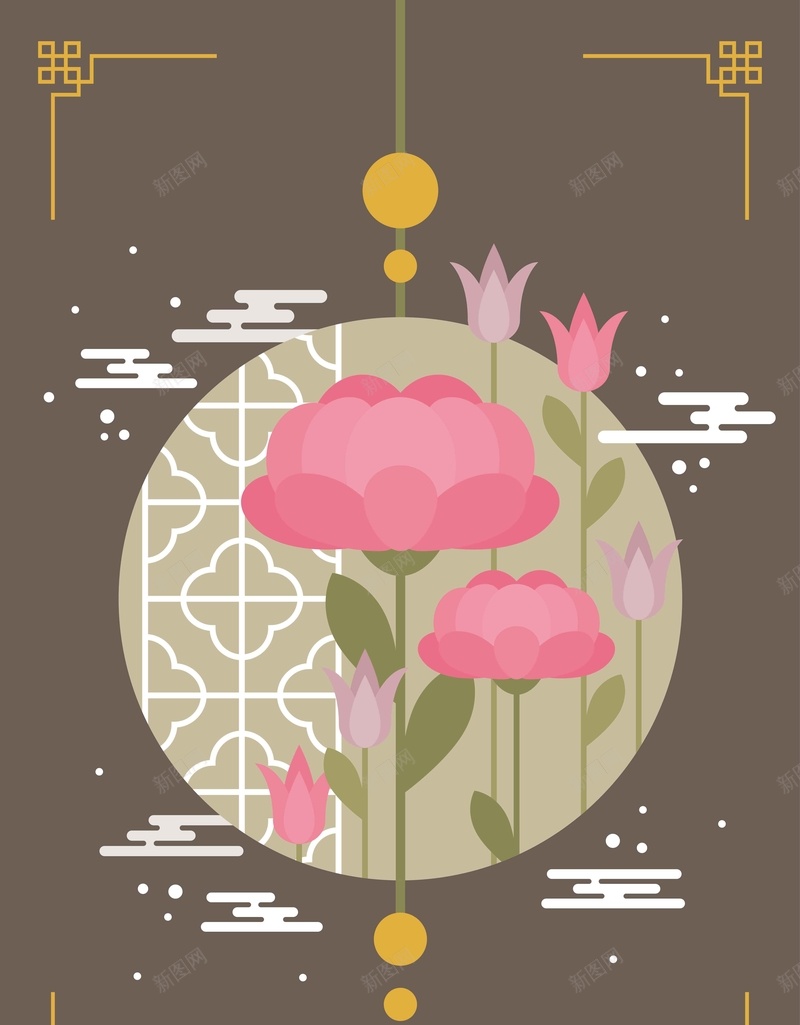 矢量传统新年元素花卉棕色背景jpg设计背景_88icon https://88icon.com 新年元素 中国结 传统 矢量 花卉 祥云 扁平 简约 棕色背景