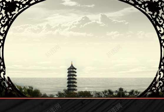 中国风中式花格里的古塔背景素材背景