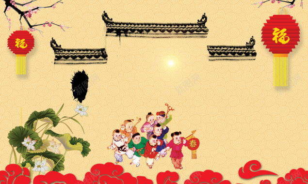 中国风古代建筑下的孩童春节背景素材背景